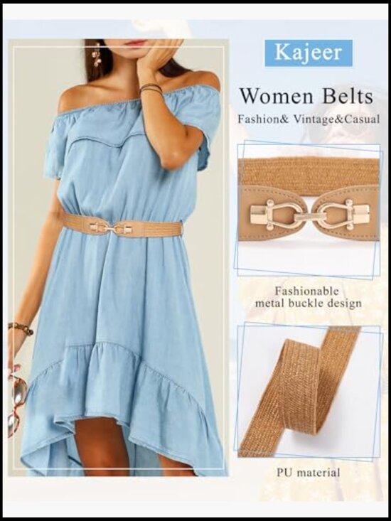2 Pack Elastic Straw Belts with Metal Buckle Boho Braided for Dresses main image 7